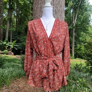 Floral V-neck Belted Chuffon Blouse with Smocked Waist & Long Sleeves